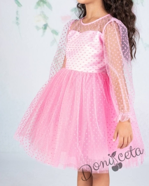 Официална детска рокля с дълъг ръкав от тюл на точки с панделка и фиба за коса в розово 8