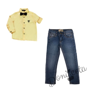 Комплект от риза в жълто с папийонка и дънки в синьо1