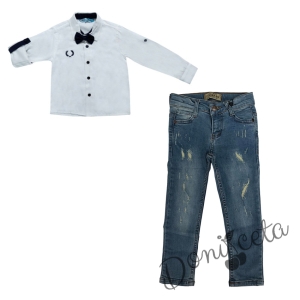 Комплект от риза в бяло с папийонка и дънки в синьо с накъсан ефект