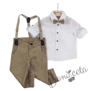 Бебешки комплект от риза в бяло на точки, панталон, тиранти и папийонка в бежово