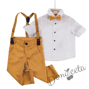Бебешки комплект от риза в бяло на орнаменти, панталон, тиранти и папийонка в горчица