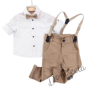 Бебешки комплект от риза в бяло на орнаменти, панталон, тиранти и папийонка в бежово 434565784 1