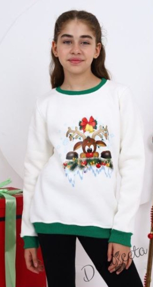 Коледна ватирана блуза за момиче с еленче и звънче в бяло 1