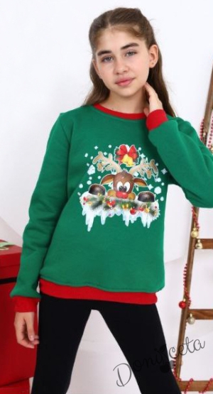 Коледна ватирана блуза за момиче с еленче и звънче в зелено 1