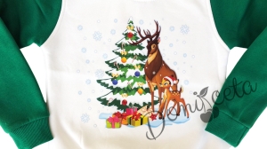 Коледна ватирана блуза за момиче с еленчета и елха в бяло и зелено 2