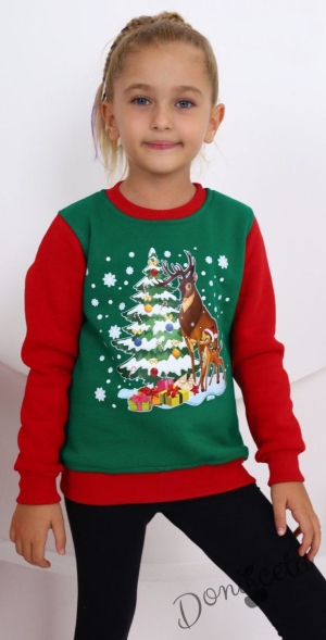 Коледна ватирана блуза за момиче с еленчета и елха в зелено и червено 1