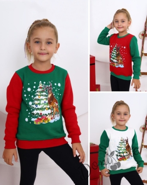 Коледна ватирана блуза за момиче с еленчета и елха в зелено и червено 2