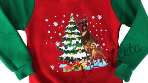 Коледна ватирана блуза за момиче с еленчета и елха в червено и зелено 2