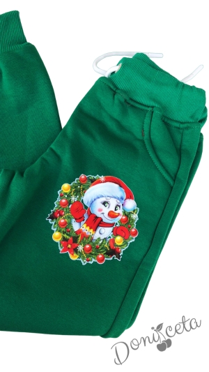 Ватиран коледен детски комплект в червено и зелено със снежен човек 3