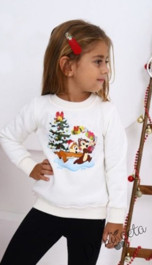 Коледна ватирана блуза за момиче с катеричките Чип и Дейл в бяло