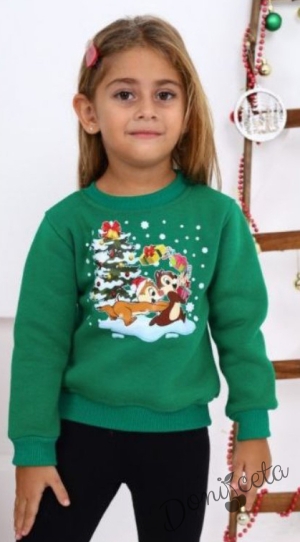 Коледна ватирана блуза за момиче с катеричките Чип и Дейл в зелено