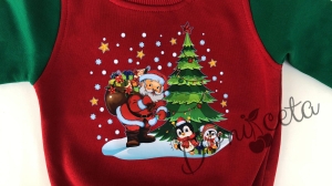 Коледна ватирана блуза за момче  с Дядо Коледа и пингвини в червено и зелено 2