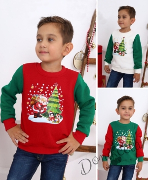 Коледна ватирана блуза за момче  с Дядо Коледа и пингвини в червено и зелено 3