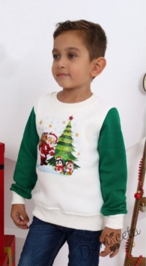 Коледна ватирана блуза за момче  с Дядо Коледа и пингвини в бяло и зелено