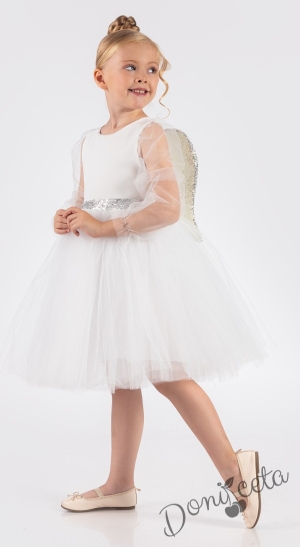 Официална детска рокля Рангелина  с дълъг в бяло с ангелски крила