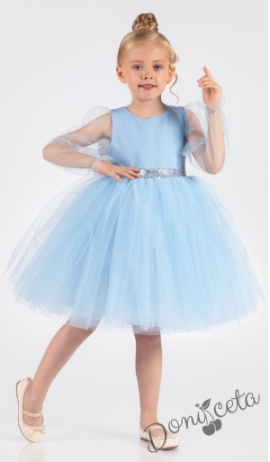 Официална детска рокля Рангелина  с дълъг в синьо с ангелски крила
