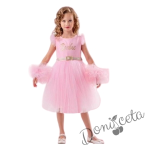 Детска официална рокля в розово с тюл пола и бяло коланче с понпони в розово 1
