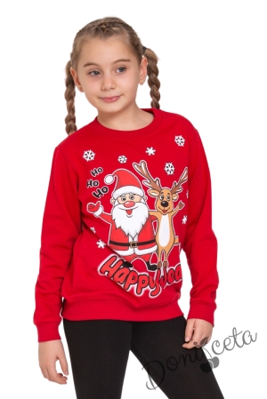 Коледна леко ватирана блуза за момиче в червено с дълъг ръкав с Дядо Коледа и еленче