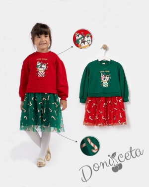 Коледна бебешка/детска рокля в червено с пингтвинчета и мека тюл пола в зелено с близалки 2