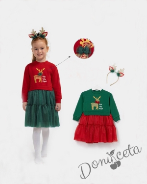 Коледна бебешка/детска рокля в червено еленче в златисто тюл пола в зелено с харбала и коледна диадема 2