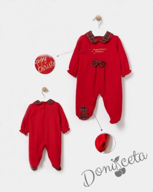 Коледен бебешки гащеризон за момче/момиче в червено с надпис, якичка в каре и панделка