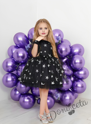 Официална детска рокля с тюлен ръкав ръкав в черно на звезди и фиба за коса