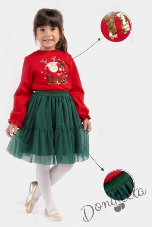Коледен комплект за момиче от 2 части - леко ватирана блуза със надпис и еленче  в червено и тюл пола в зелено с  харбала