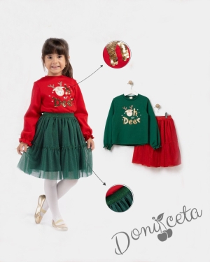 Коледен комплект за момиче от 2 части - леко ватирана блуза със надпис и еленче  в червено и тюл пола в зелено с  харбала 2