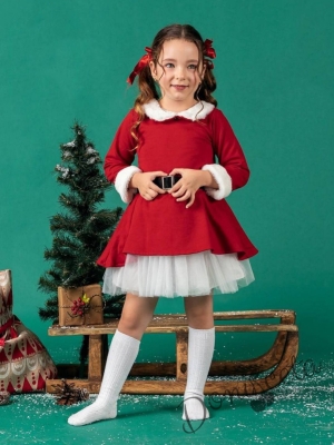 Детска изрязана коледна рокля с дълъг ръкав в червено с бяла пухкава якичка и бял тюл с черен колан