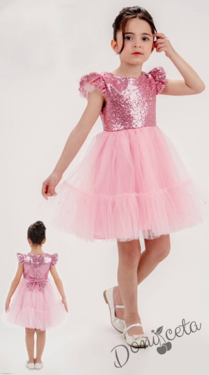Детска официална рокля Холи в розово от пайети и тюл с харбала в долната част