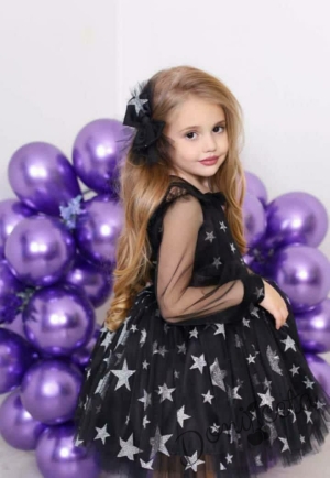 Официална детска коледна рокля с тюлен ръкав ръкав в черно на звезди и фиба за коса 2