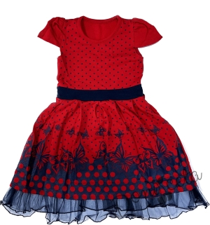 Детска рокля в червено с точки и пеперуди и тюл в тъмносиньо 1