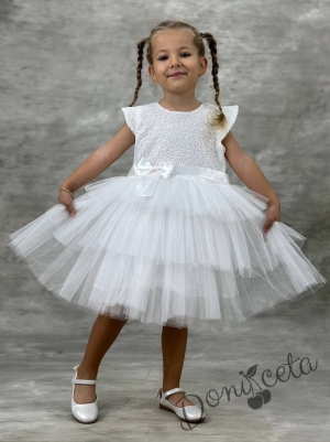 Детска официална рокля Хава в бяло от пайети и тюл на 3 пласта