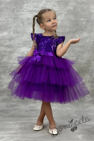 Детска официална рокля Ханна в тъмнолилаво от пайети и тюл на 3 пласта