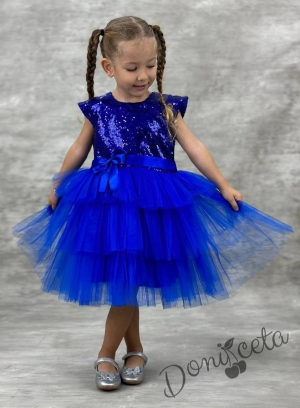 Детска официална рокля Ханна в синьо от пайети и тюл на 3 пласта