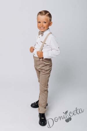 Комплект за момче в бежово - риза в бяло с орнаменти и тиранти 6516580011 2