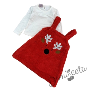 Бебешки коледен комплект от блуза в бяло и пухкав червен сукман с еленче 2