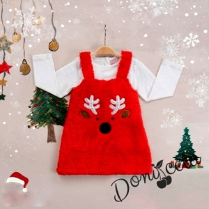 Бебешки коледен комплект от блуза в бяло и пухкав червен сукман с еленче 3