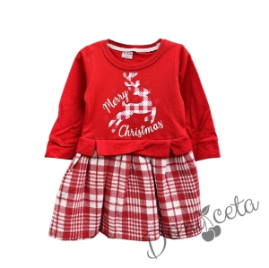 Детска коледна рокля в червено с надпис Весела Коледа и каре пола 2