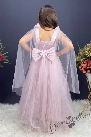 Официална дълга детска рокля от тюл Денис с 3D цветя и елементи в горната част и тюлени воали в пепел от рози 2