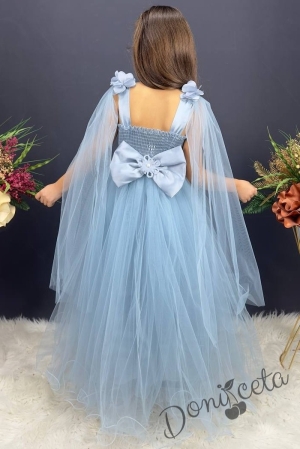 Официална дълга детска рокля от тюл Денис с 3D цветя и елементи в горната част и тюлени воали в светлосиньо 2