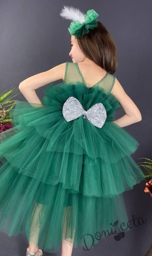 Официална детска рокля без ръкав Фрея - с богат тюл в тъмно зелено и панделка за коса 2