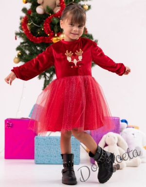 Детска рокля в червено с дълъг ръкав с еленче и тюл пола с блясък