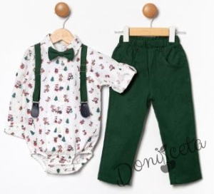 Бебешки комплект от панталон в зелено с тиранти и папийонка и боди-риза в бяло с коледни орнаменти 001205533