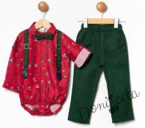 Бебешки комплект от панталон в зелено с тиранти и папийонка и боди-риза в червено с коледни орнаменти 001205534