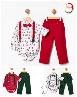 Бебешки комплект от панталон в червено с тиранти и папийонка и боди-риза в бяло с коледни орнаменти 001205533 3