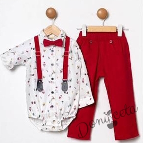 Бебешки комплект от панталон в червено с тиранти и папийонка и боди-риза в бяло с коледни орнаменти 001205537