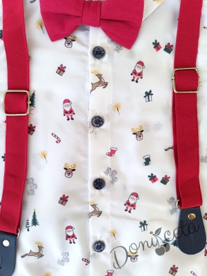 Коледен комплект за момче от риза в бяло с коледи мотиви и панталони в червено с тиранти и папийонка 540054032 2