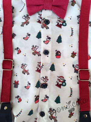 Коледен комплект за момче от риза в бяло с коледни мотиви и панталони в червено с тиранти и папийонка 540054035 2