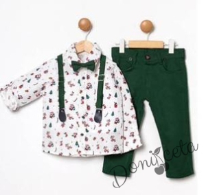 Коледен комплект за момче от риза в бяло с коледни мотиви и панталони в зелено с тиранти и папийонка 540054036